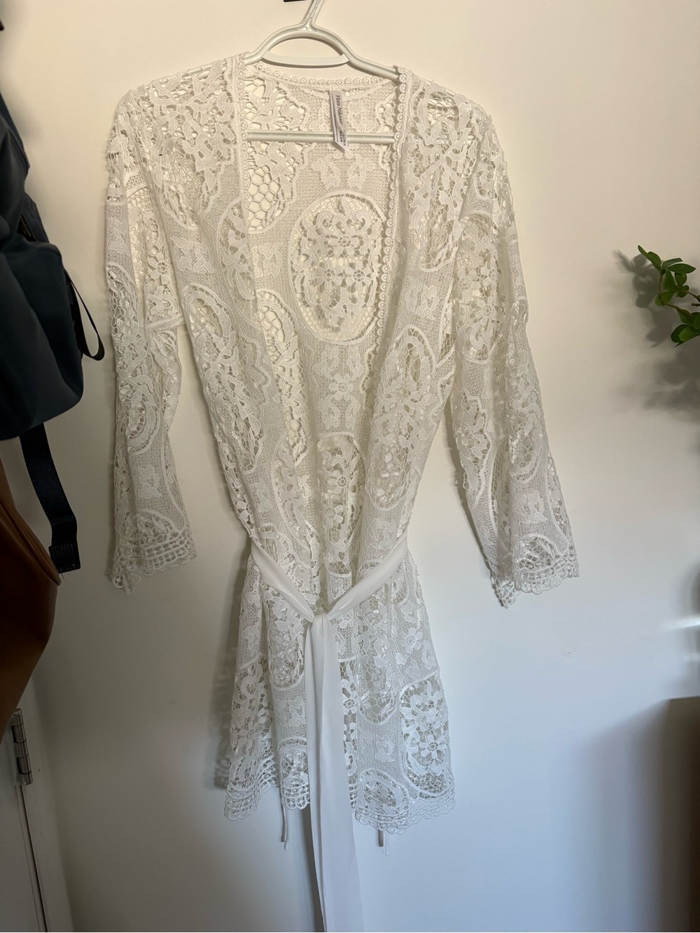 Anthropologie White bridal Lace Robe with Tie Belt